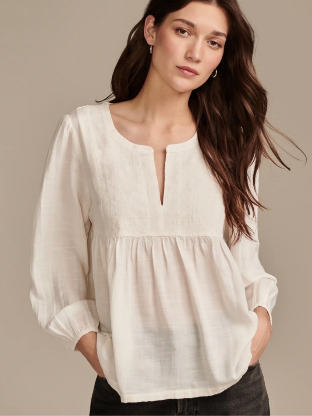 Lucky Brand Cream Embroidered Notch Neck Peasant Blouse